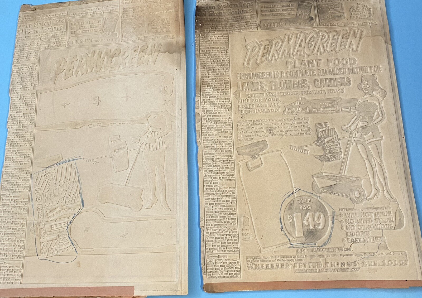 Vintage 2 Advertising Embossed Newspaper Flong Mat Mold Print Ad Fertilizer
