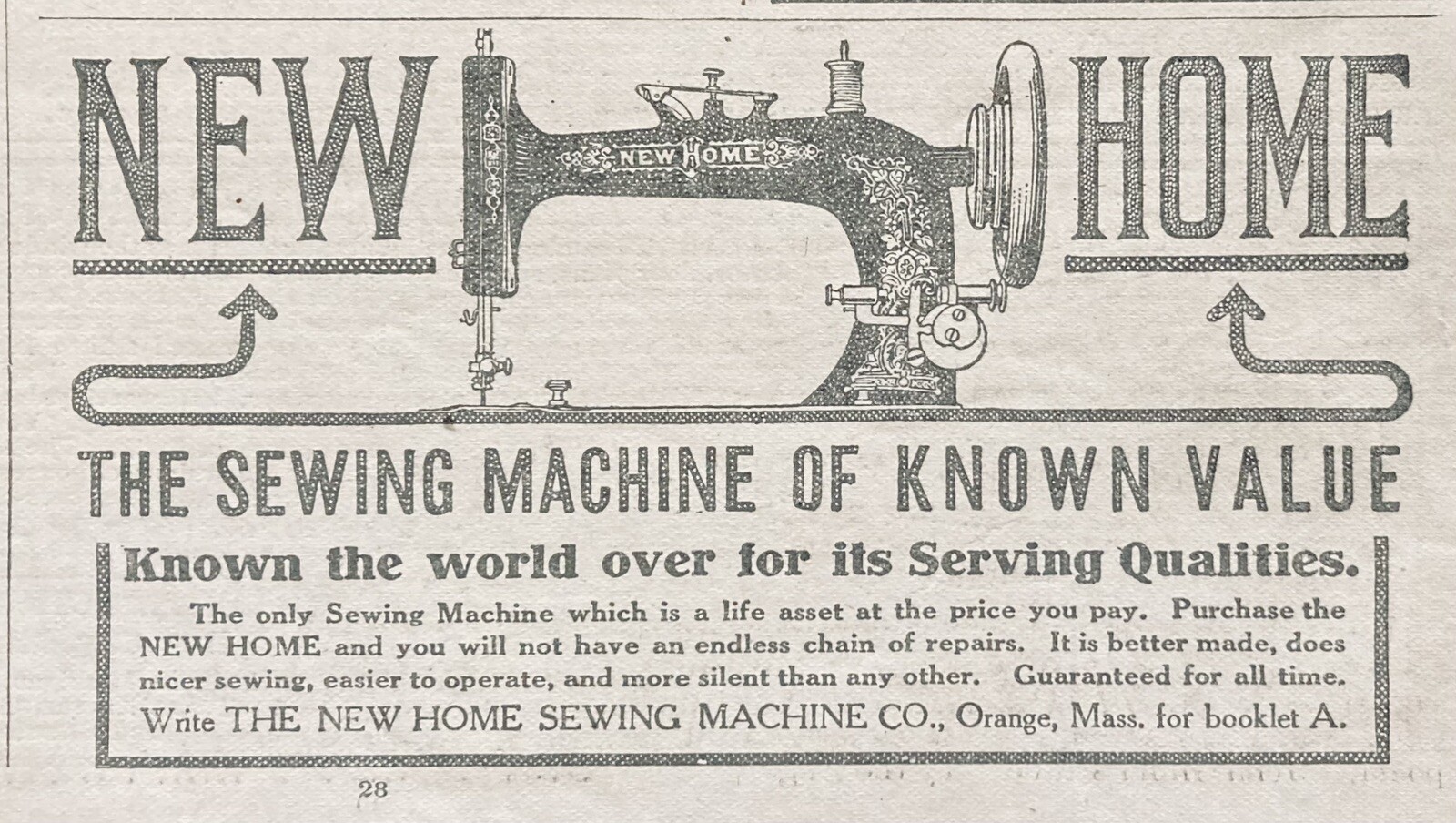 1912 AD.(XH64)~NEW HOME SEWING MACHINE CO. ORANGE, MASS. NEW HOME SEWING MACHINE