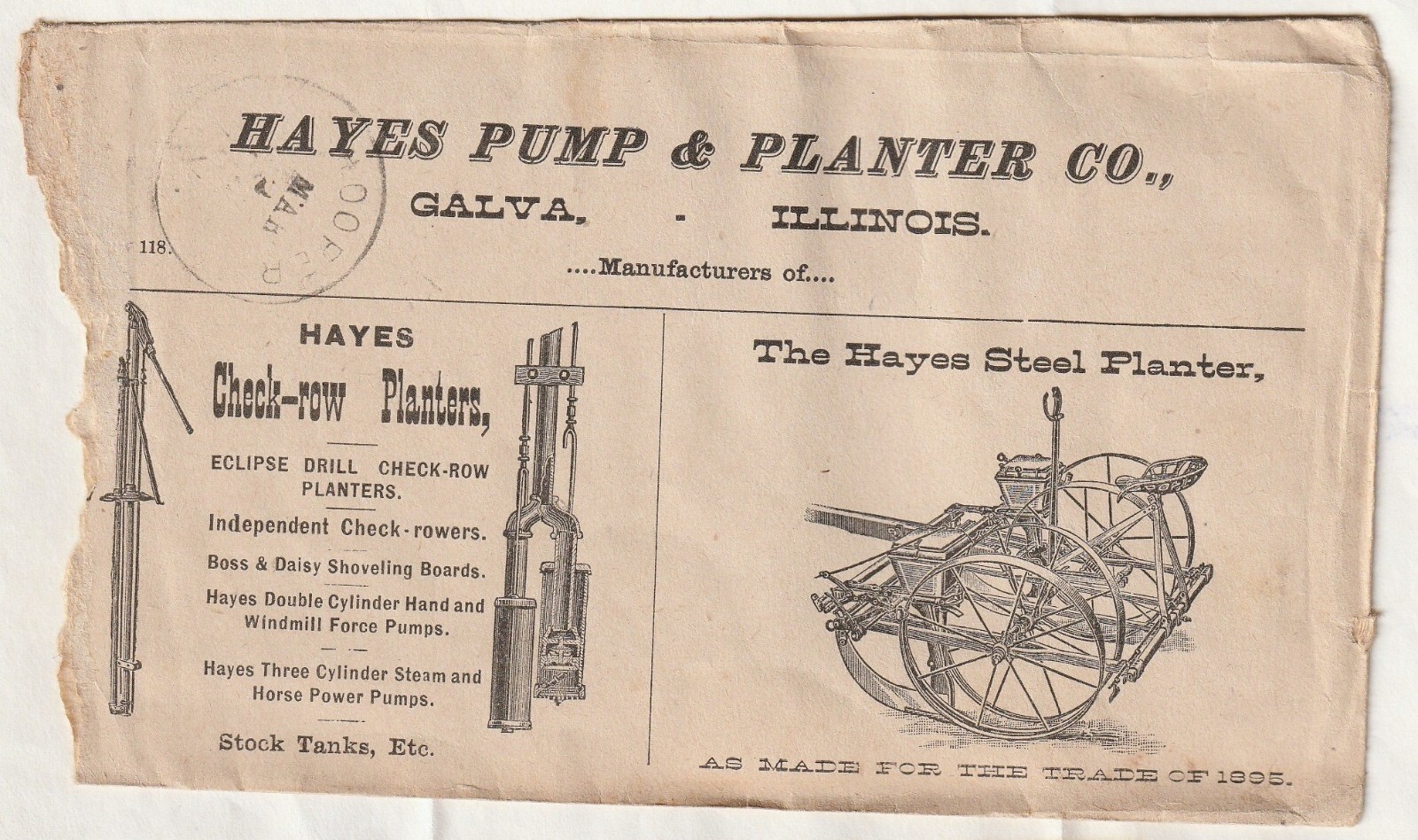 SUPER Hayes Pump & Corn Planter Co Galva Illinois- 1895 Bill letter head Cover