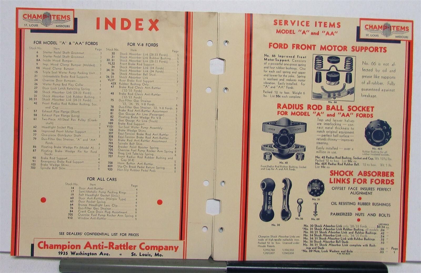 1936 Champ-Items Anti-Rattler Service Items Ball Socket Motor Supports Catalog