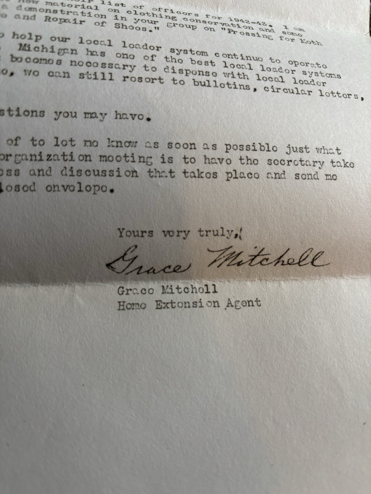 1942 Letter Cooperative Extension Work In Agriculture & Home Economics MI State
