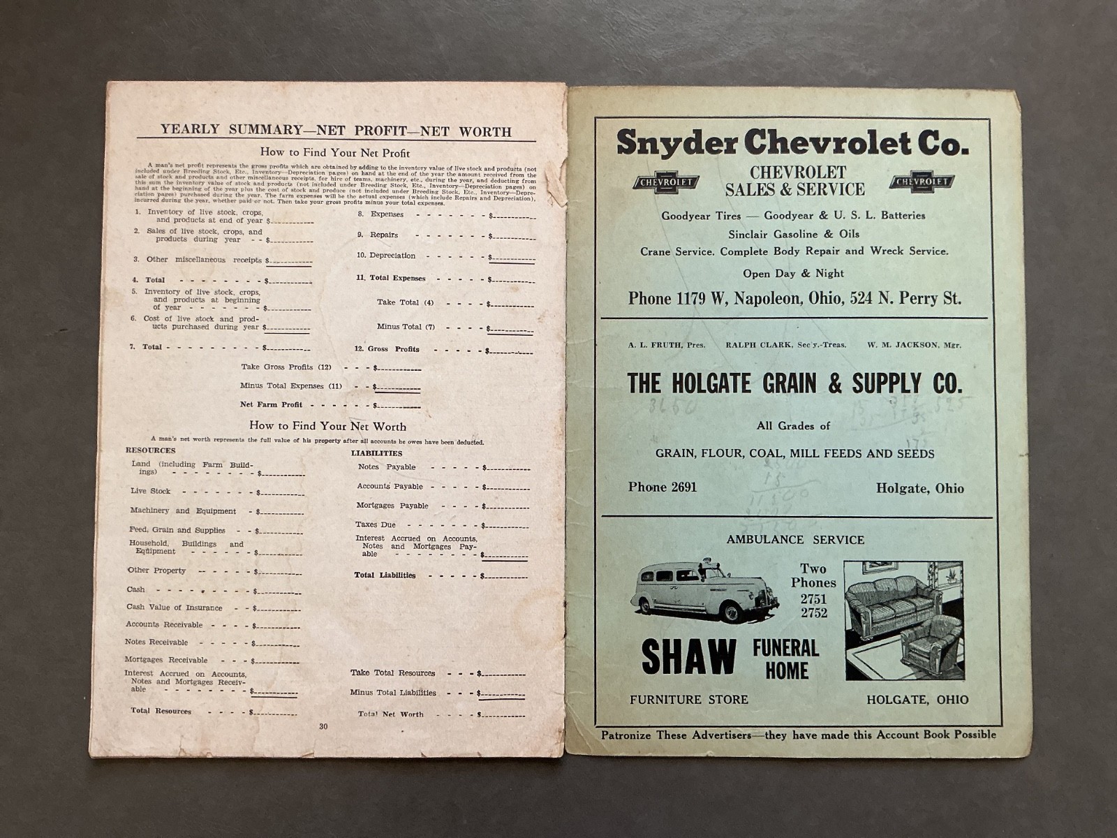 1940 Farm Acct. Record Book – Holgate Produce Co. Holgate, Ohio – Henry County