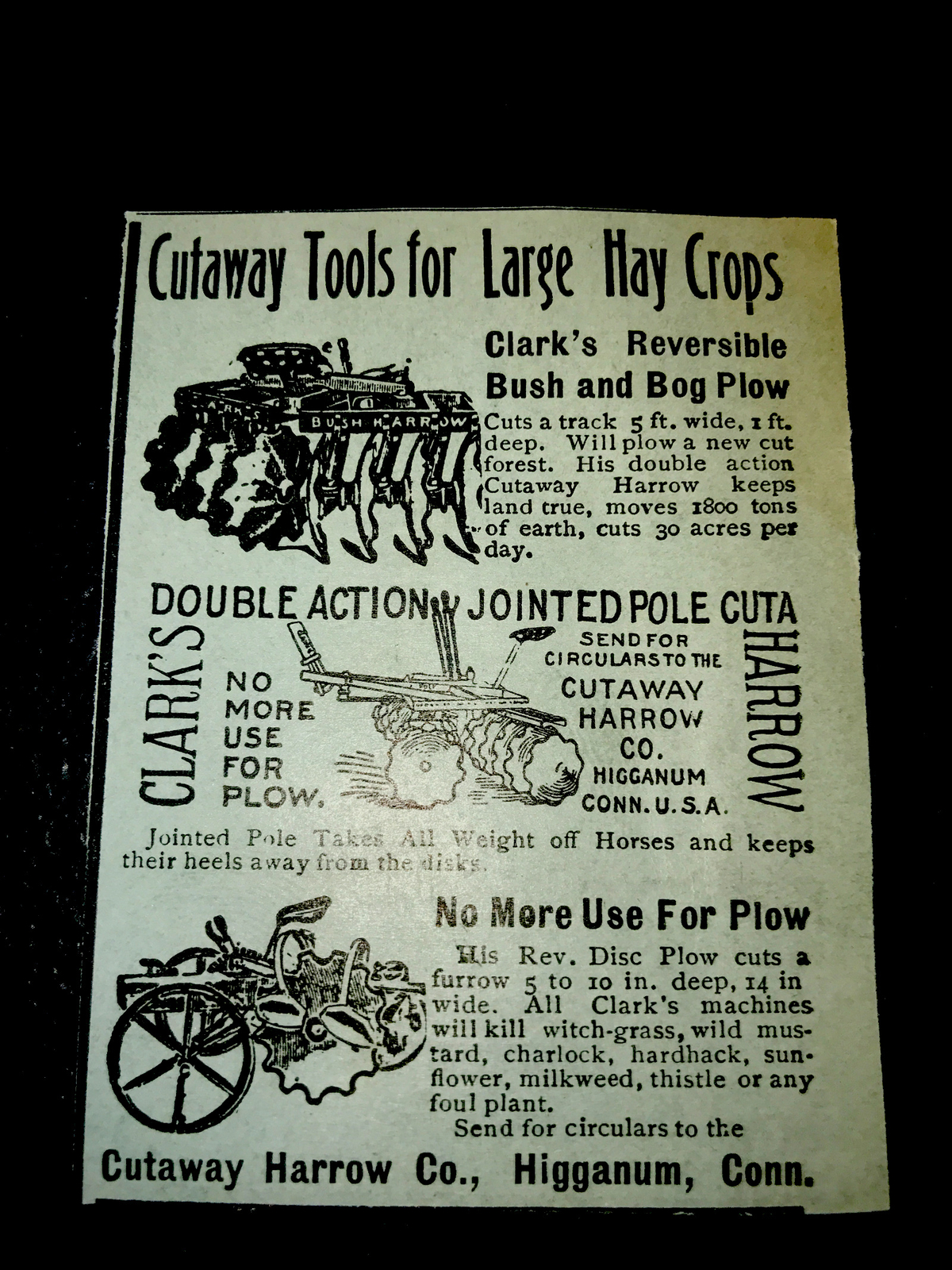 1907 Cutaway Harrow Co. Farm Advertising – Higganum – Connecticut