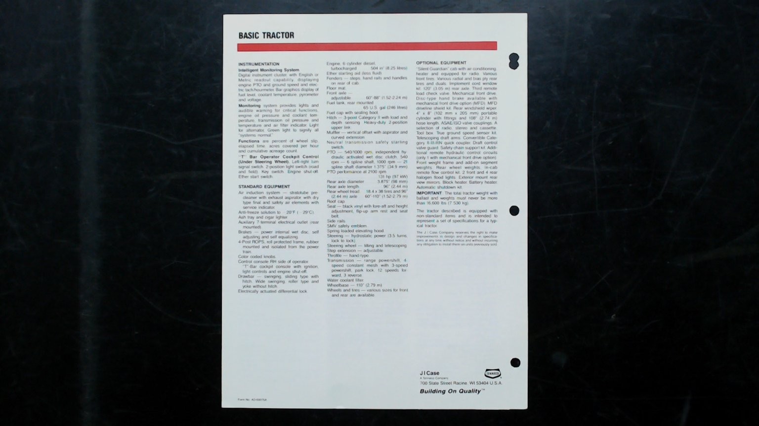 Case IH Model 2294 Tractor Brochure Vintage Agricultural Farming Spec Sheet