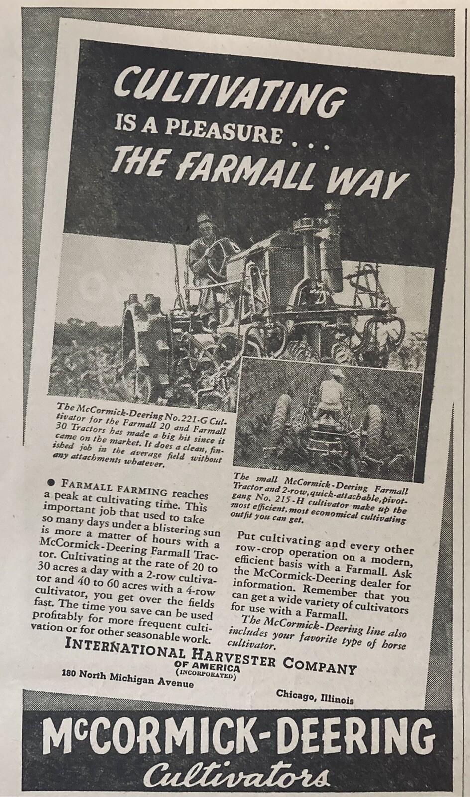 1938 AD.(XH24)~INTERNATIONAL HARVESTER CO. MCCORMICK-DEERING NO.221-G CULTIVATOR