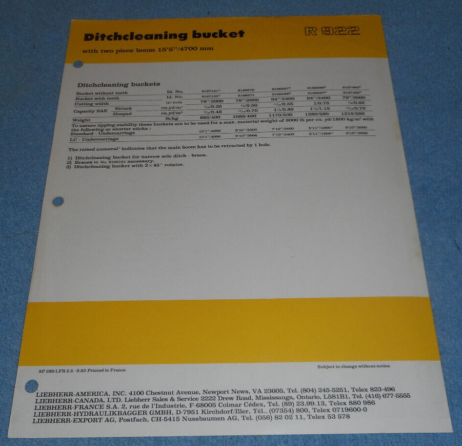 1983 Liebherr R922 Technical Data Hydraulic Excavator Ditchcleaning Bucket Boom
