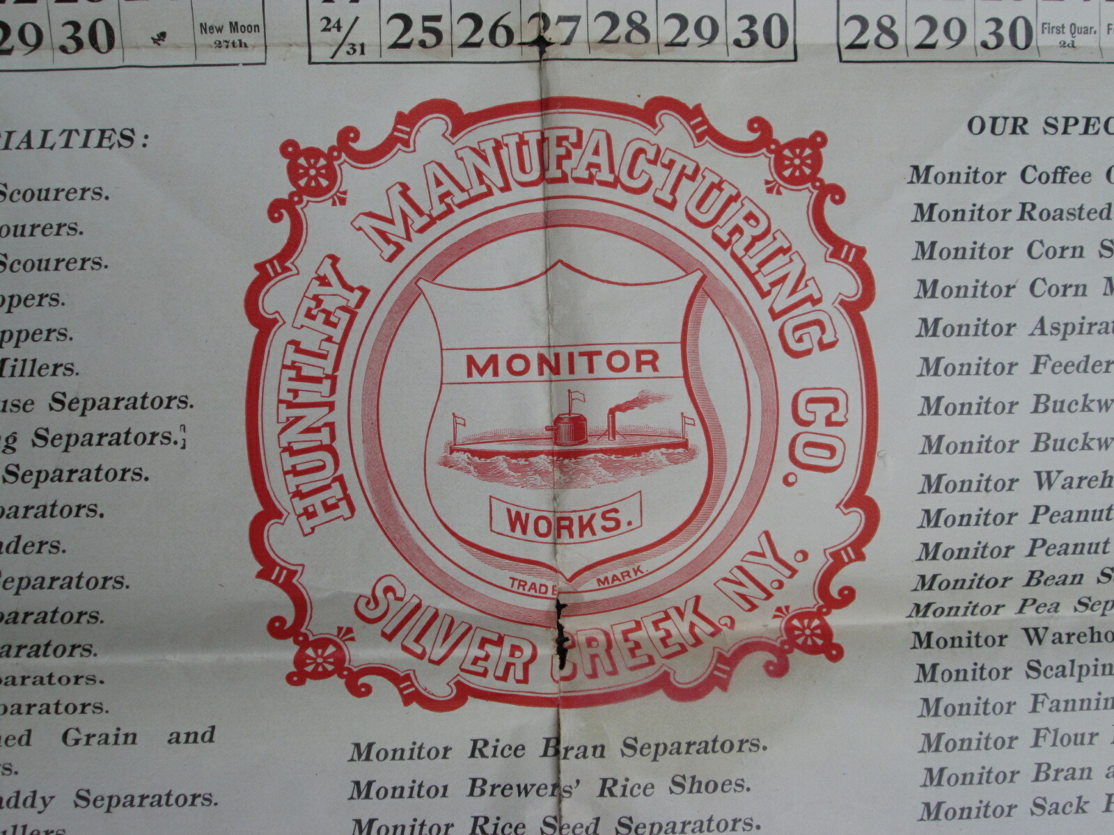 1903 Machinery Calendar Sign Poster, Silver Creek NY Huntley Grain Cleaning Mfg.