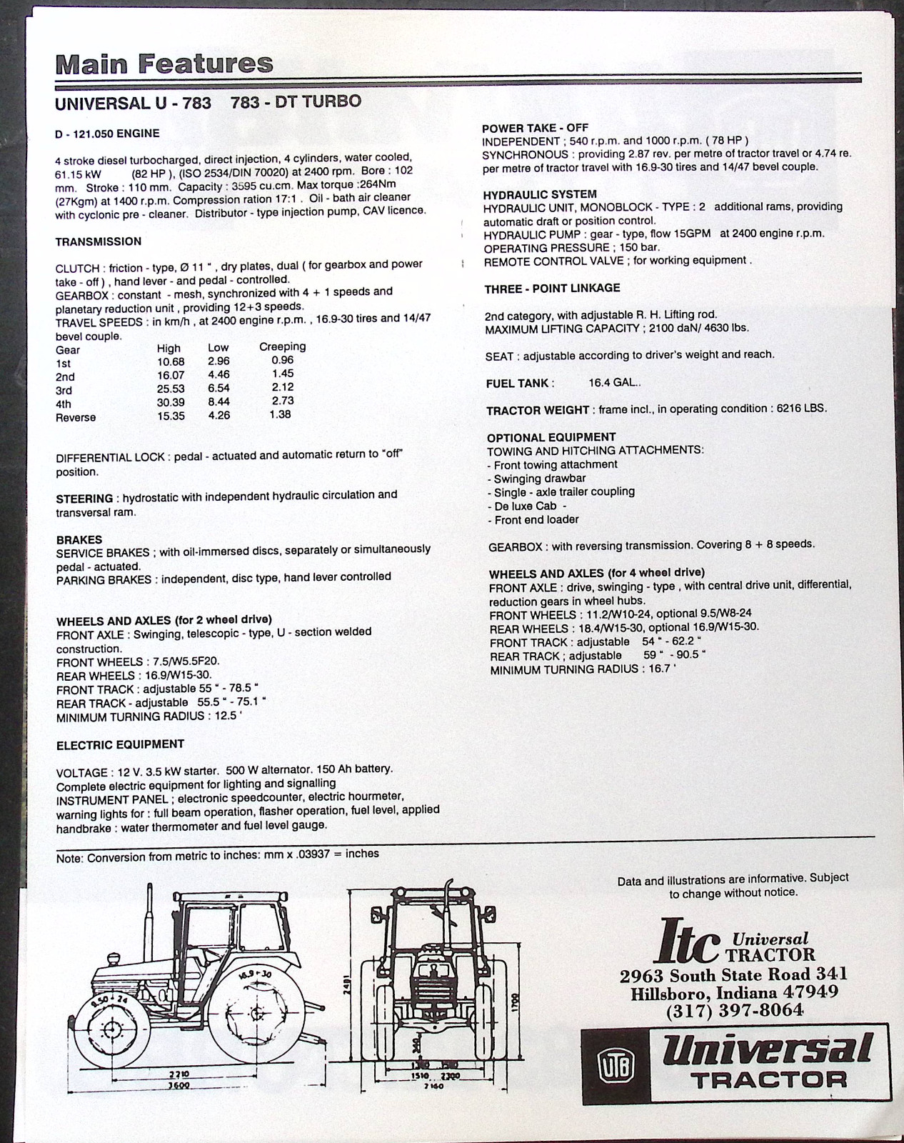 Universal Tractor U-783 and 783-DT Turbo spec sheet brochure