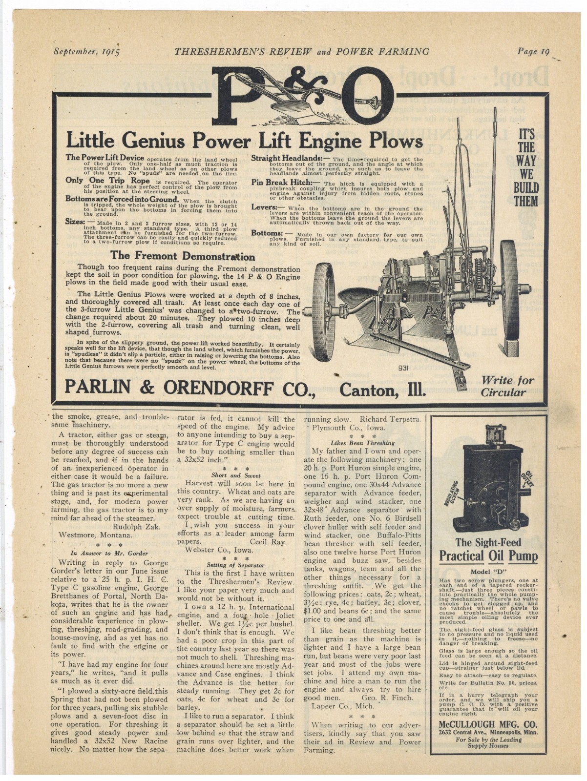 1915 Parlin & Orendorff Co. Ad: Little Genius Power Lift Engine Plow – Canton IL