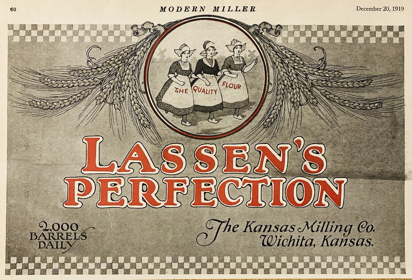 1919 AD.(PC9)~KANSAS MILLING CO. WICHITA, KS. LASSEN’S PERFECTION BRAND FLOUR
