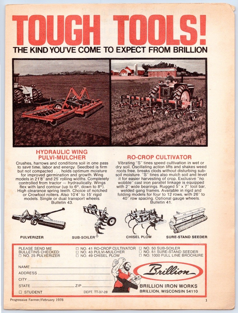 Brillion Iron Works Farm Equipment Pulvi-Mulcher Cultivator Tractor Print Ad