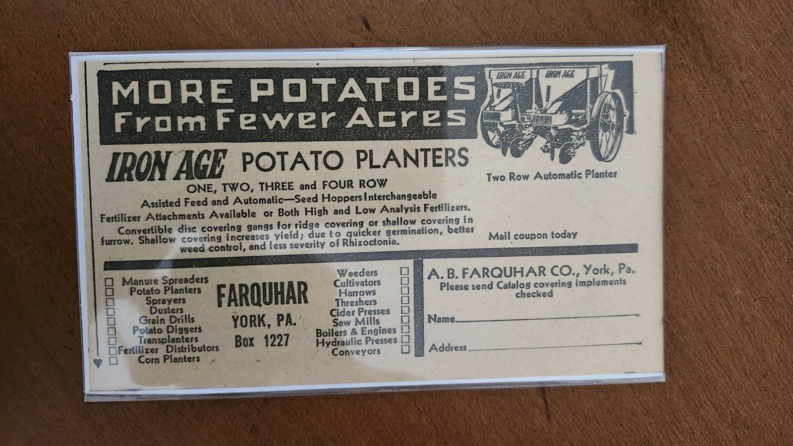 Newspaper Ad For The Iron Age Potato Planter By A.B. Farquhar Of York PA