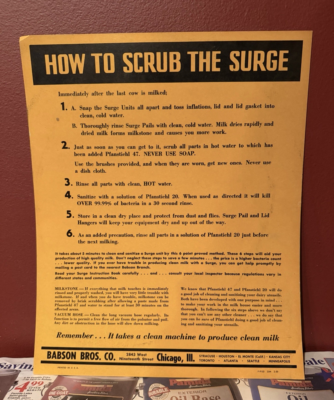 Babson Bros. Co. Surge Milking Machine Sign Instruction Sheet Yellow & Black