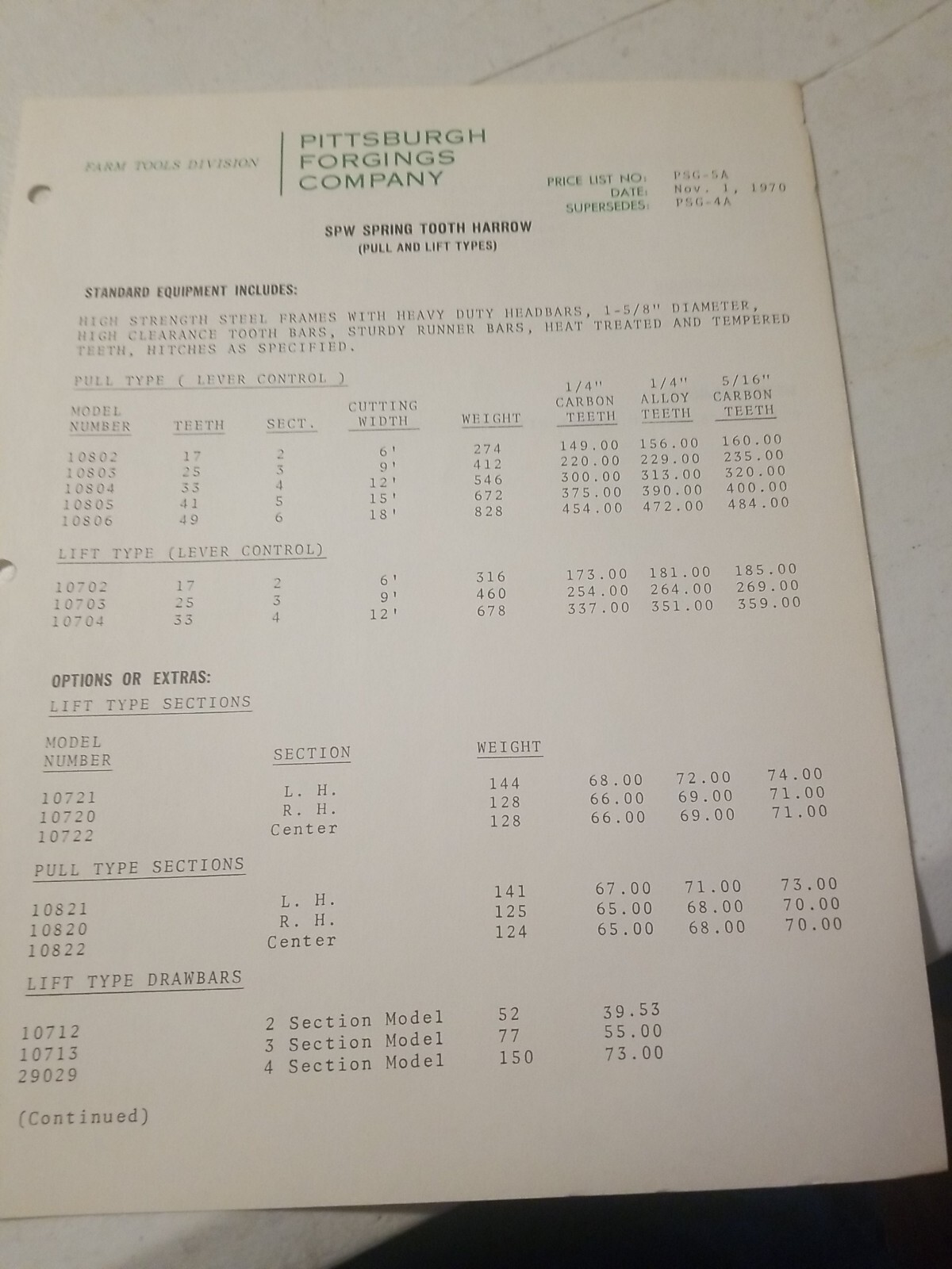 1970 PITTSBURGH FORGINGS CO. Farm Tool Division Master Parts List &PRICE LIST