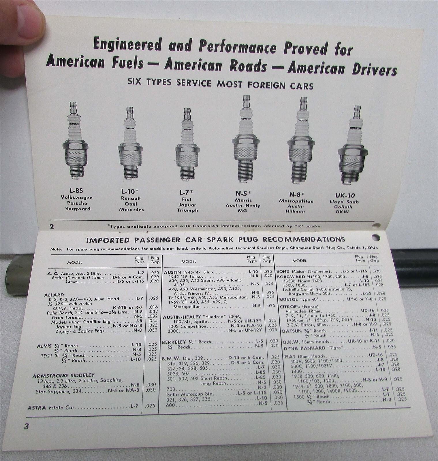 1961 Champion Spark Plugs For Imported Cars Specs Engine Tune-Up Sales Brochure
