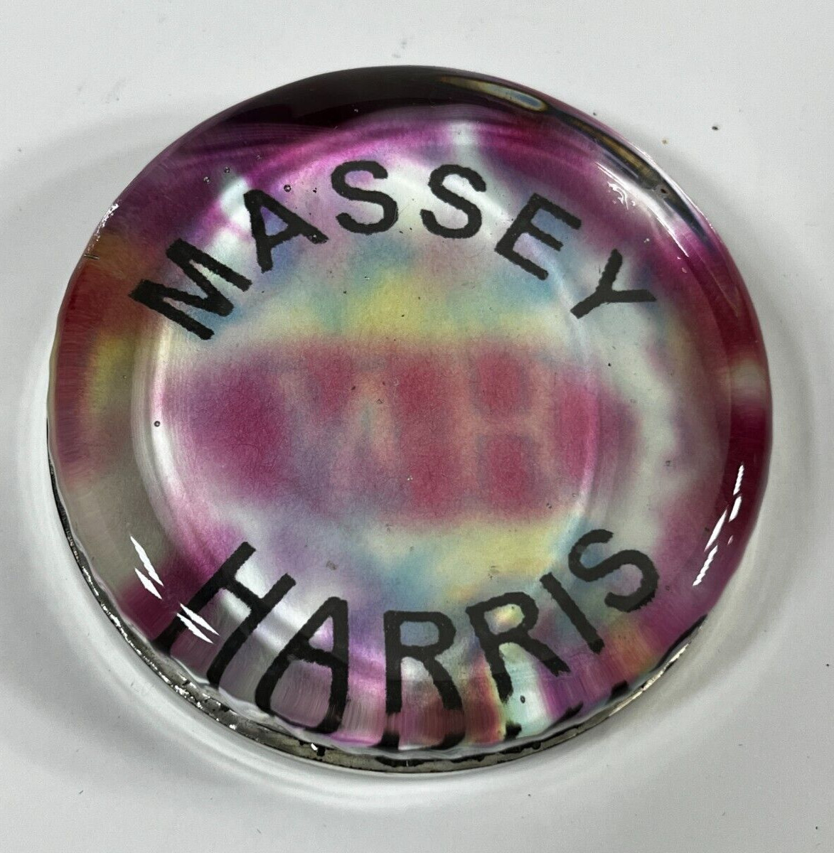 Massey Harris Glass Paperweight Tractor Advertising Folk Art 3.5&Prime; Vintage