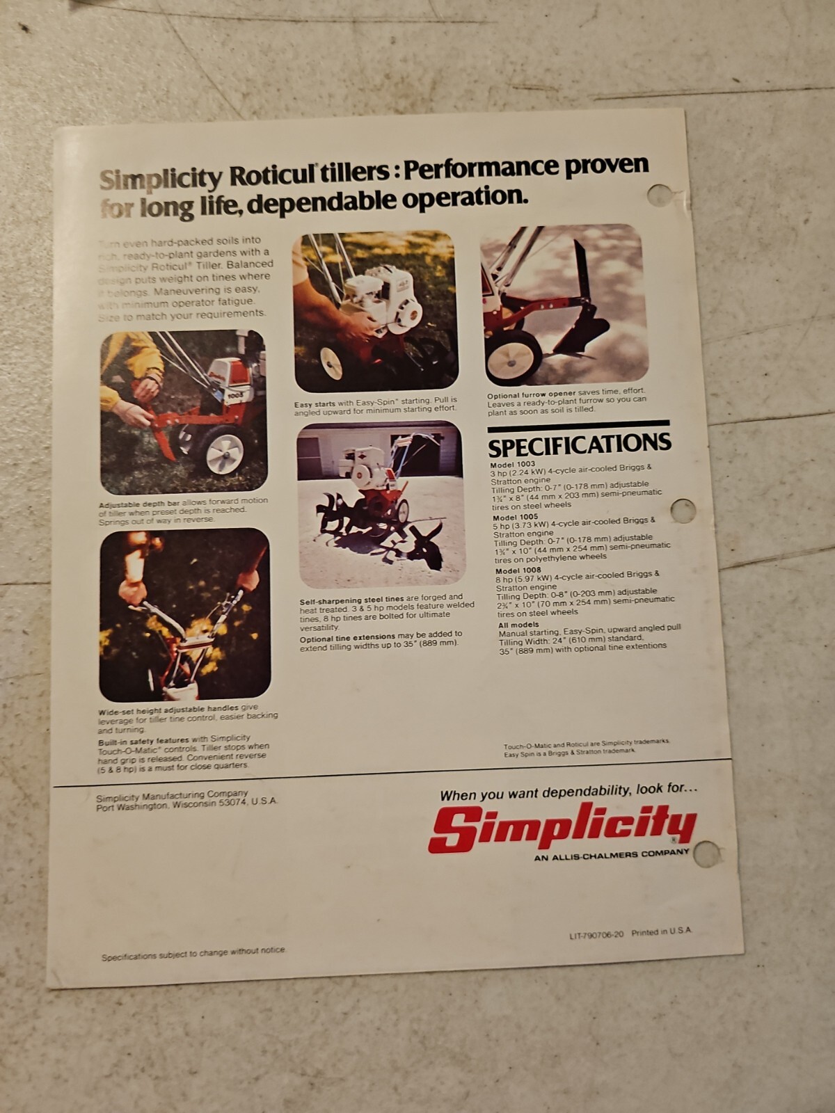 Simplicity Walk Behind Tillers Sales Brochure Literature