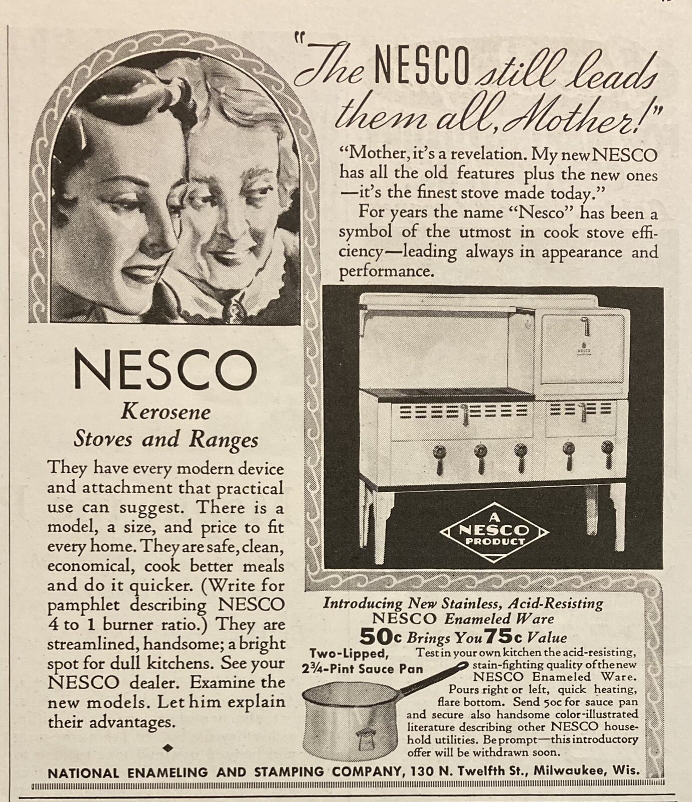 1936 AD.(XH61)~NATIONAL ENAMELING & STAMPING CO. MILW., NESCO KEROSENE RANGE