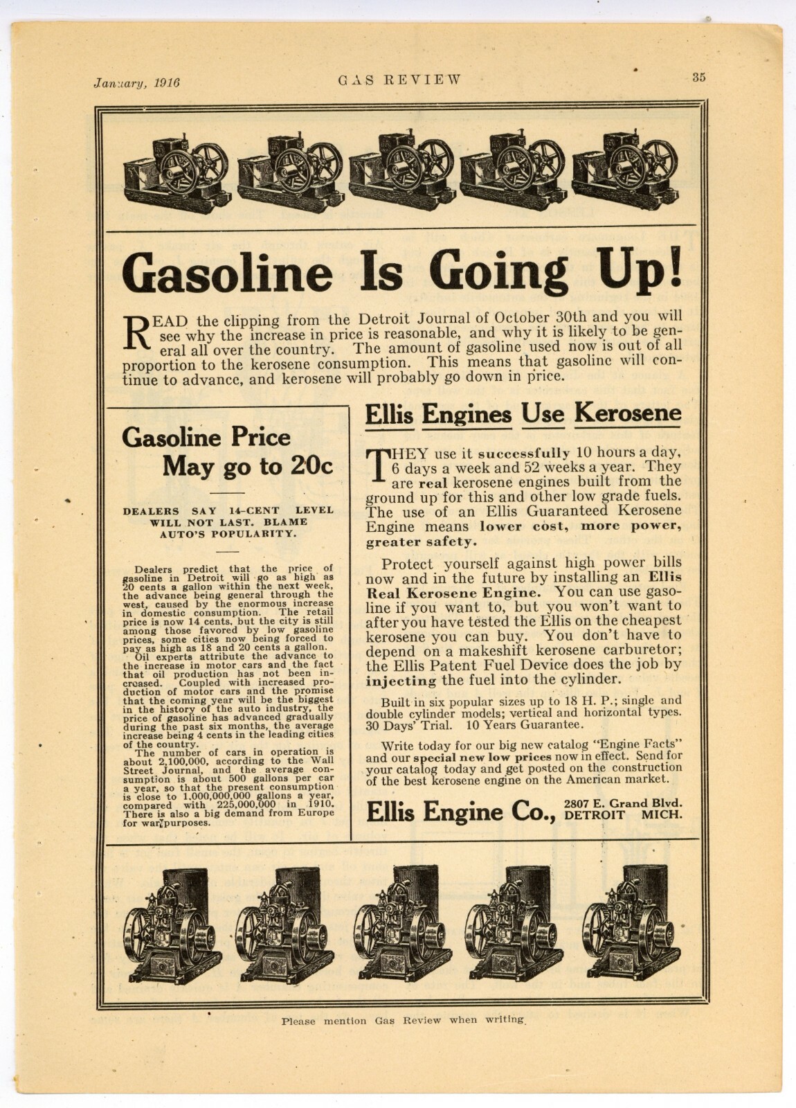 1916 Ellis Engine Co. Ad: Kerosene Farm Engines – Gas May Reach $.20 per Gallon!