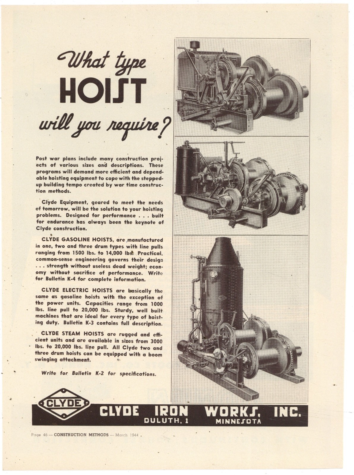 1944 Clyde Iron Works of Duluth Minnesota Ad: Gas Electric & Steam Hoist Pics