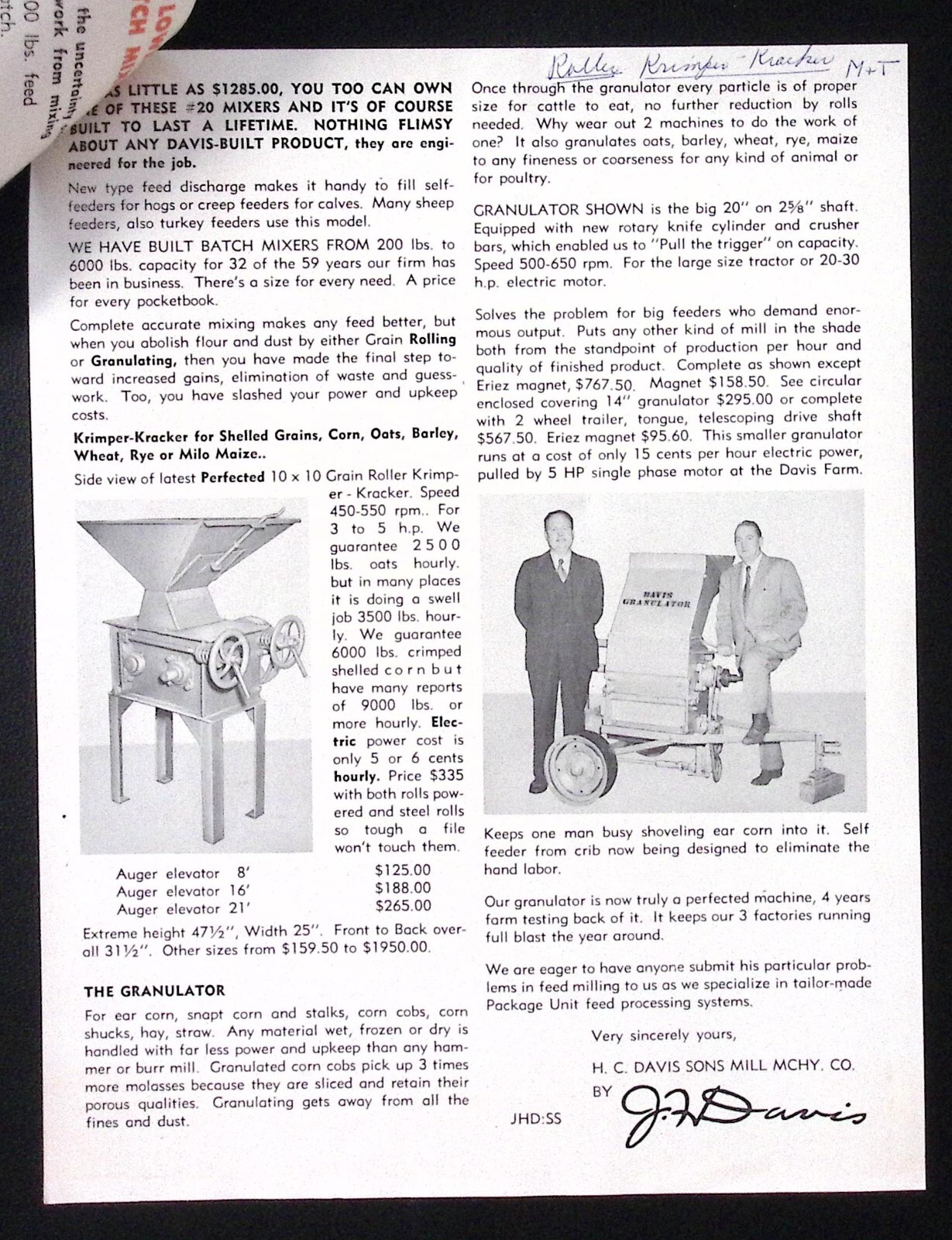 1954 Krimper Kracker Roller HC Davis Sons Mill Machinery Co Brochure