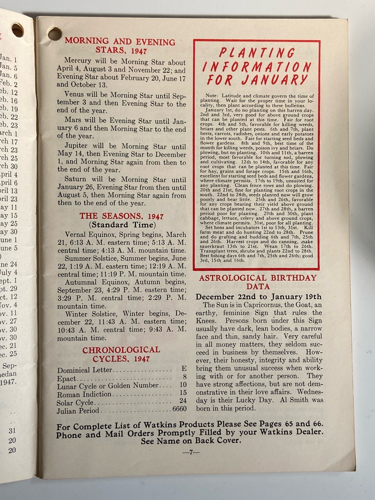 1947 Watkins Almanac Farm Hints Moon Phases Farming Techniques Planting Crops PB