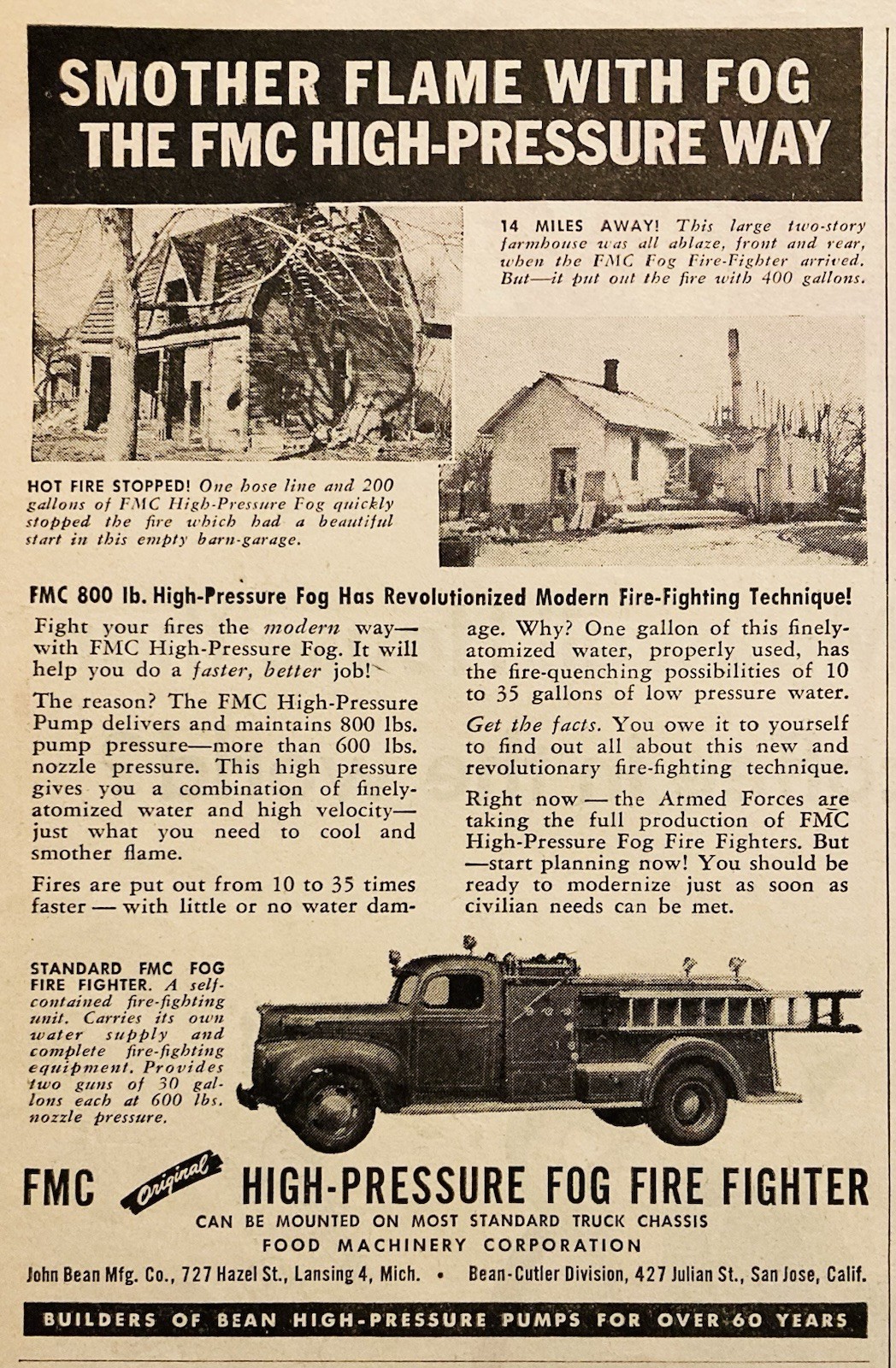 1946 AD.(PC9)~JOHN BEAN MFG. CO. LANSING, MI. FMC FOG FIRE FIGHTER