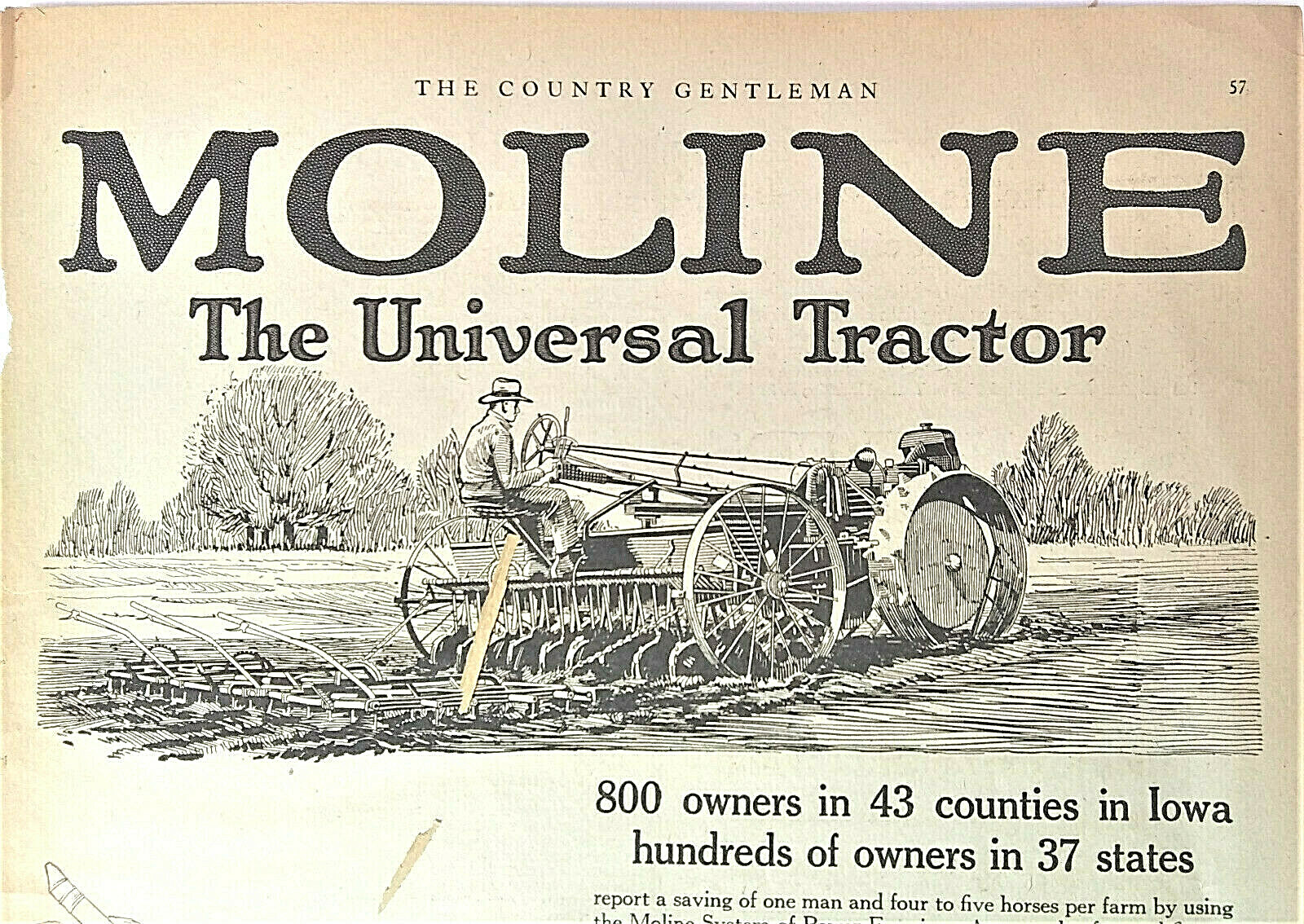 1920 Moline Universal Tractor Ad, Vintage, Moline Plow Co.