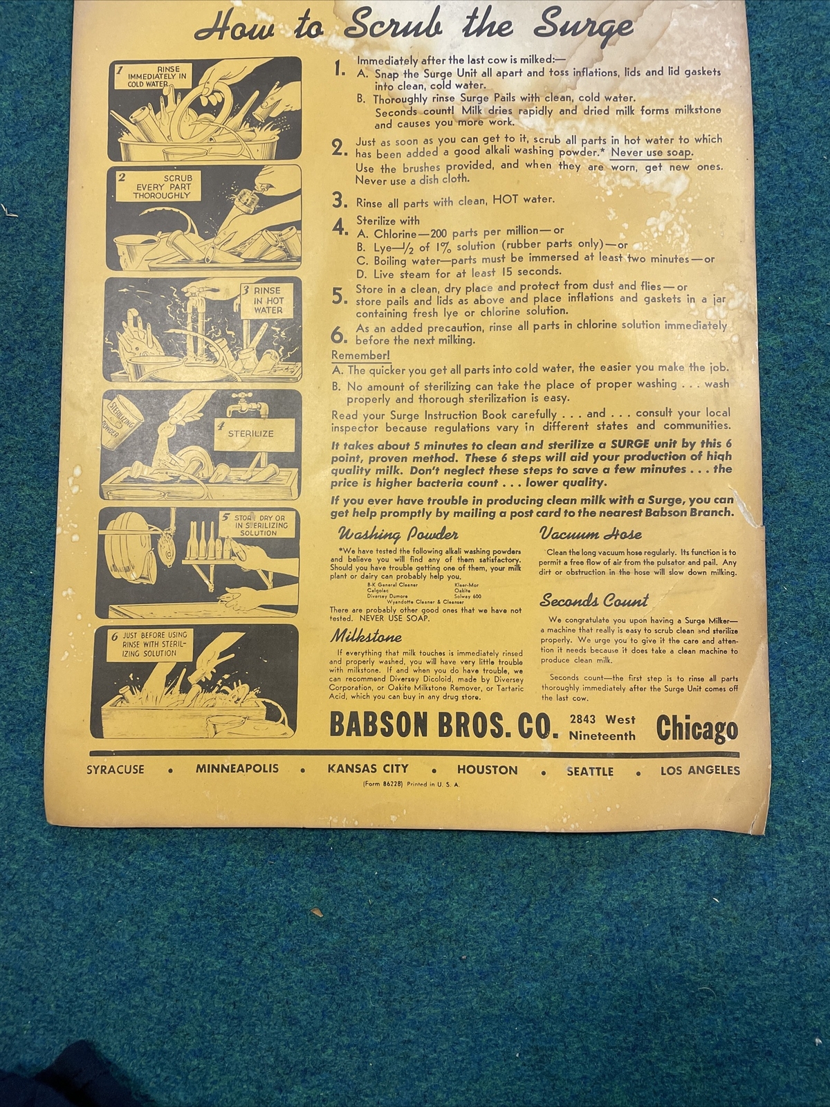 VTG Babson Bros. “SECONDS COUNT” Milking Equipment Sterilization 22”x14” Poster