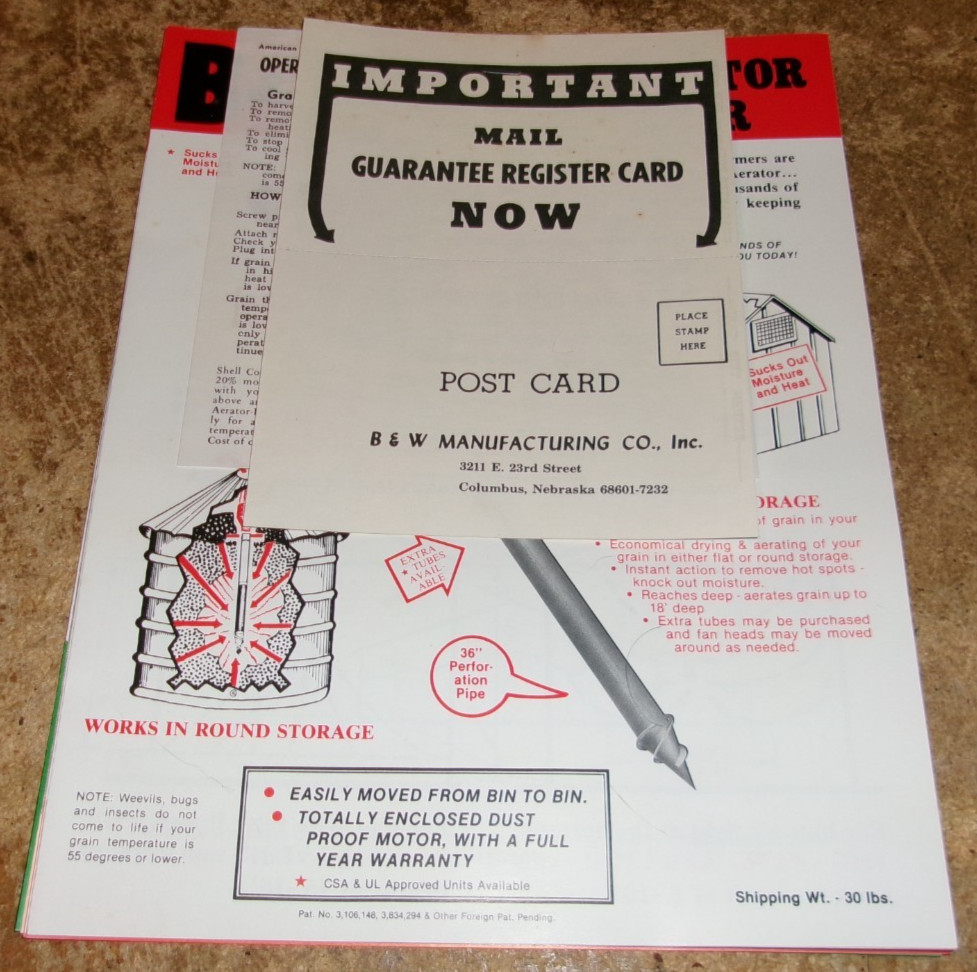 6-lot vintage B + W grain bin equipment one page brochures in nice shape used