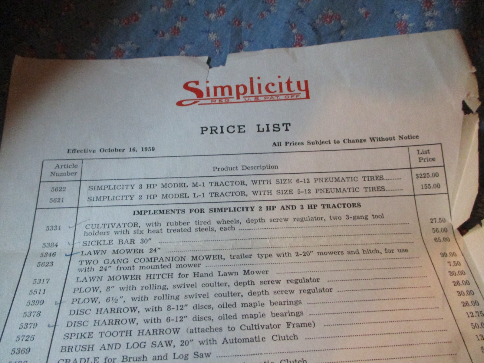 Oct 16 1950 Simplicity Manufacturing Company Price List Port Washington Wisconsi