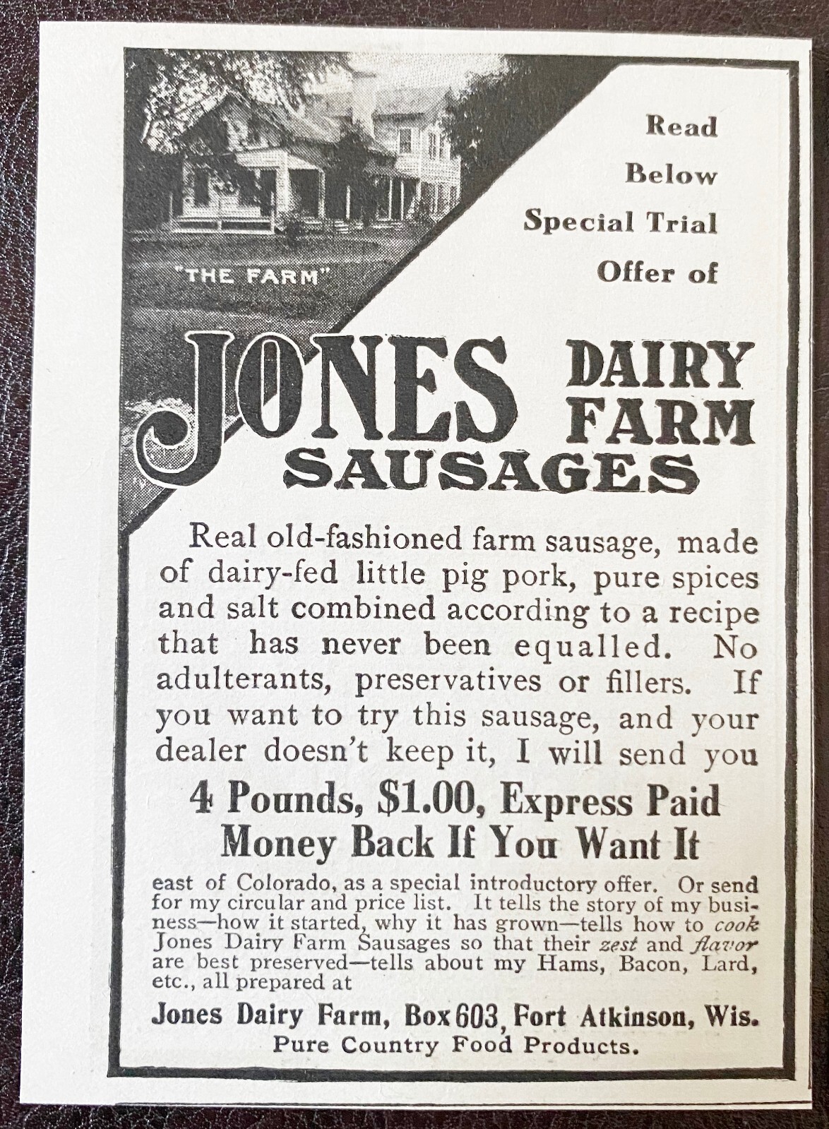 1900s JONES DAIRY FARM LITTLE PIG SAUSAGES Vtg Pork Print Ad Lot~Ft.Atkinson,Wis