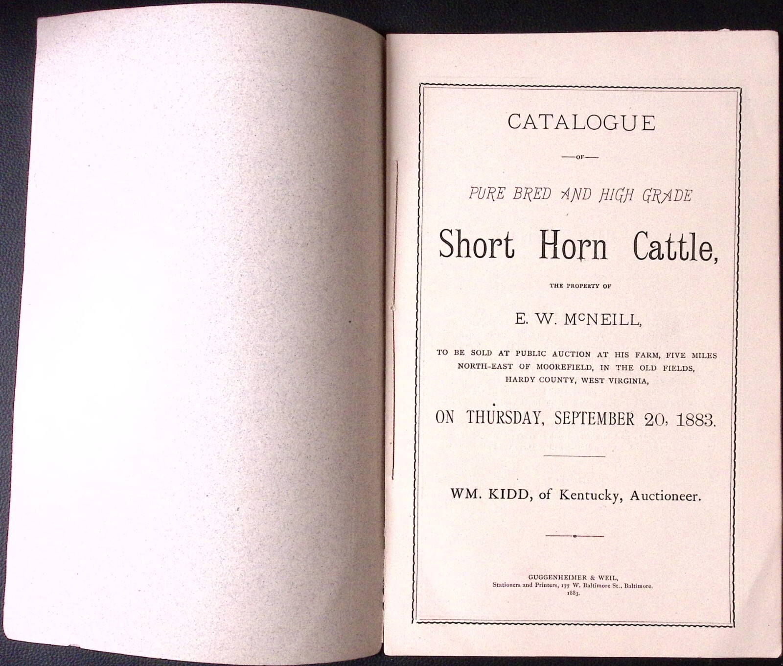1883 Pure Bred High Grade Short Horn Cattle E W Mc Neill AUCTION CATALOGUE