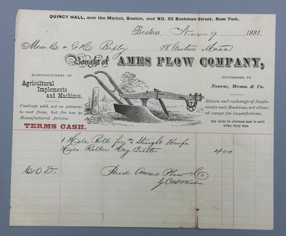 1881 AMES PLOW Company BOSTON Receipt Antique FARM Advertising