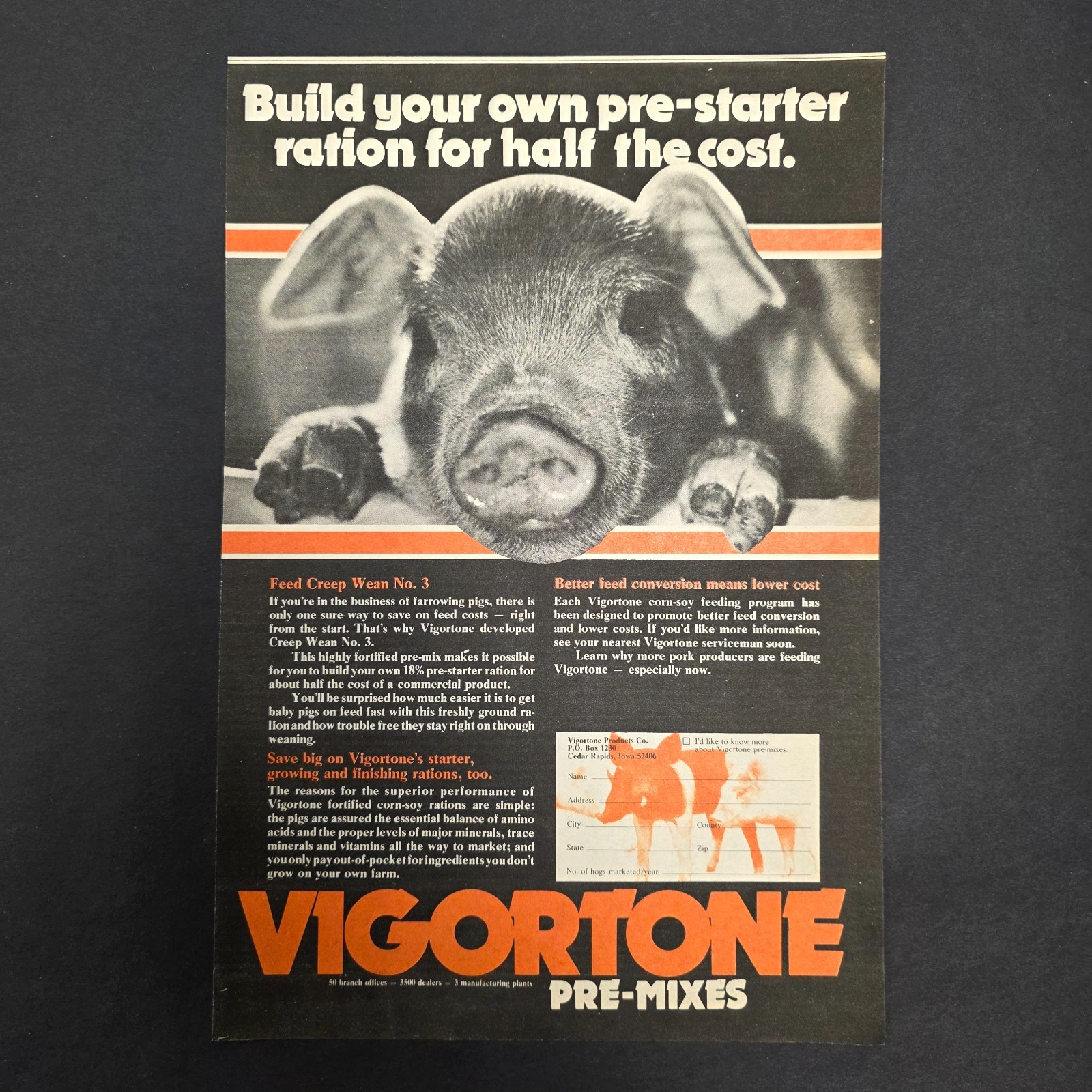 Vintage Vigortone Pre-Mixes Hog Feed Ad – Pig Farming Agriculture – Michigan Far