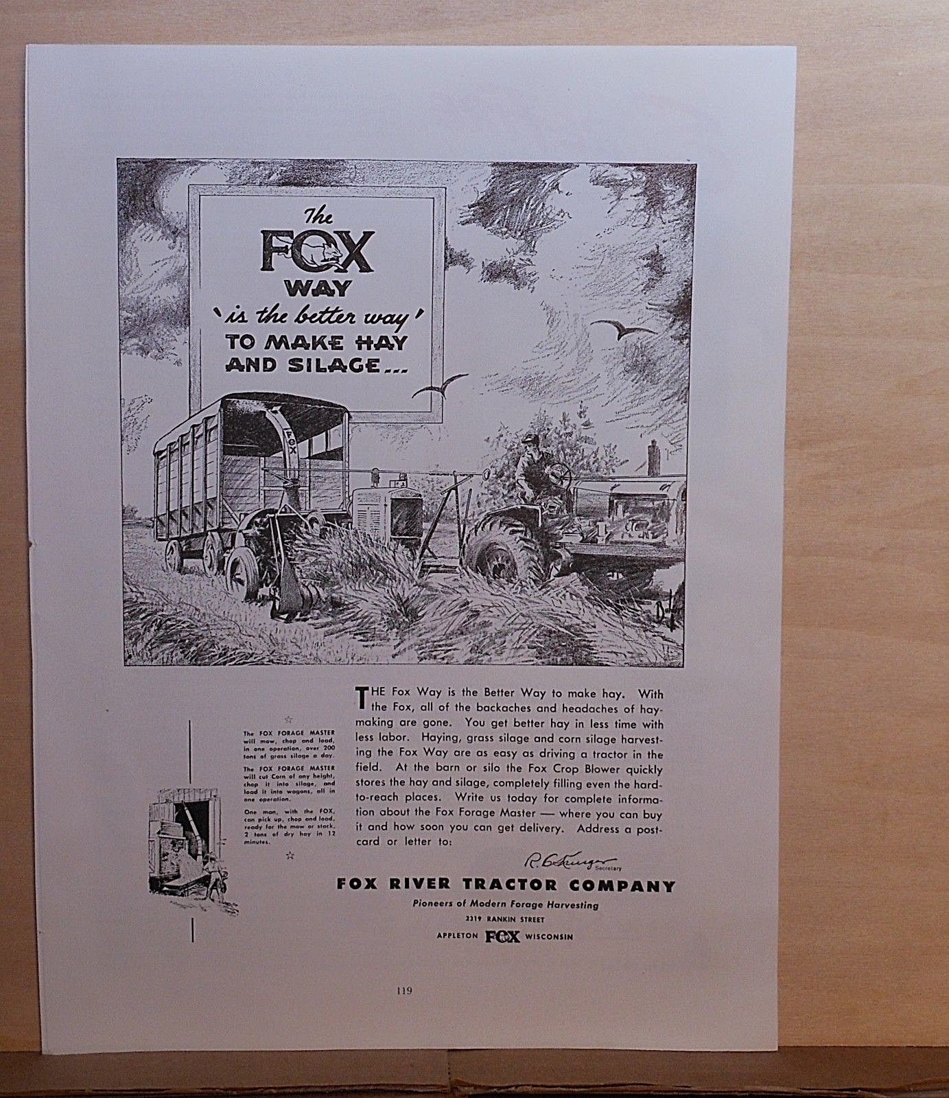1948 magazine ad for Fox River Tractor Co. – make better Silage, Forage Master