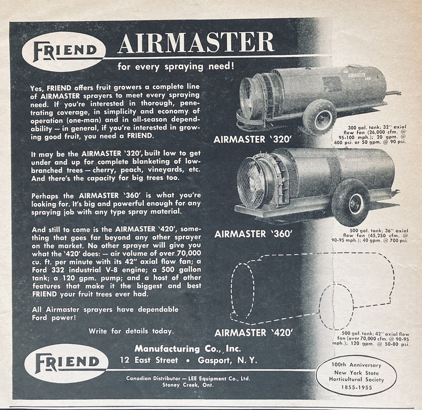 1955 AD(XG11)~FRIEND MFG. CO. GASPORT, NY. FRIEND AIRMASTER ORCHARD SPRAYERS