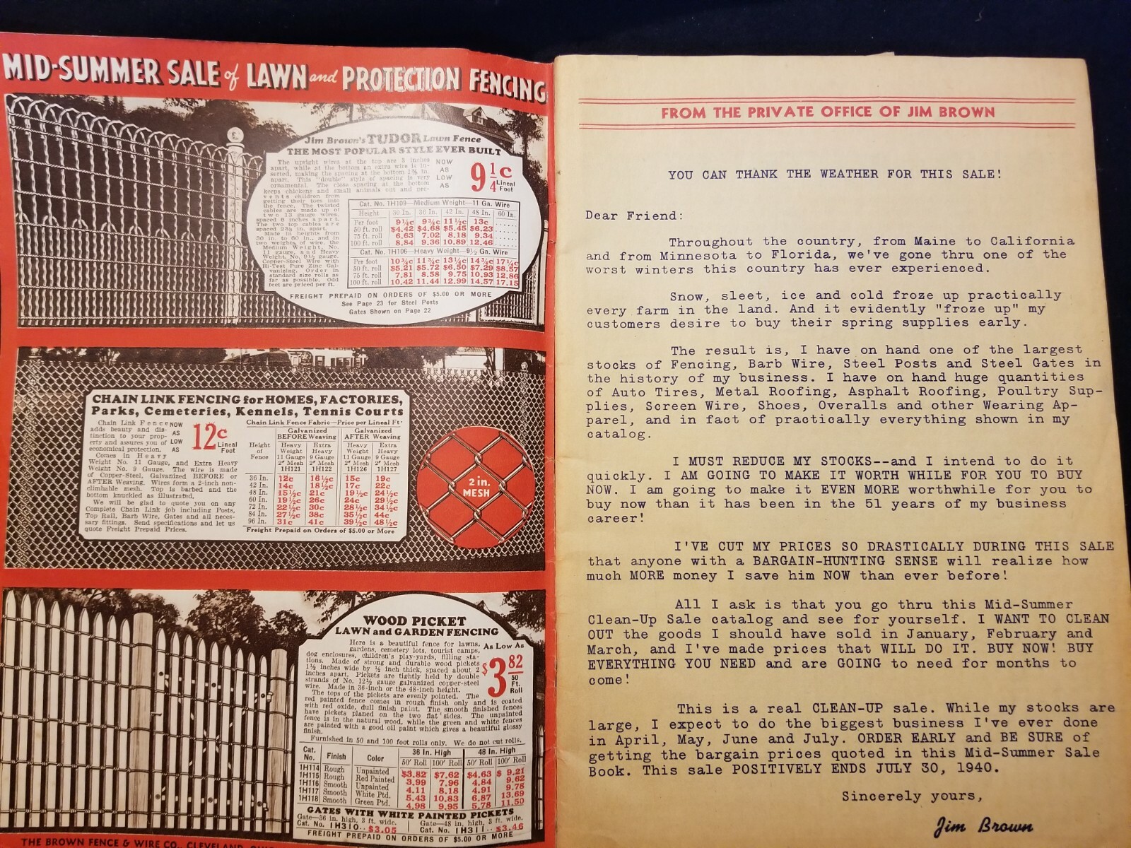 Vintage Jim Brown Fence Wire Catalog 1940 Clean Up Sale Farm Equipment Clothing