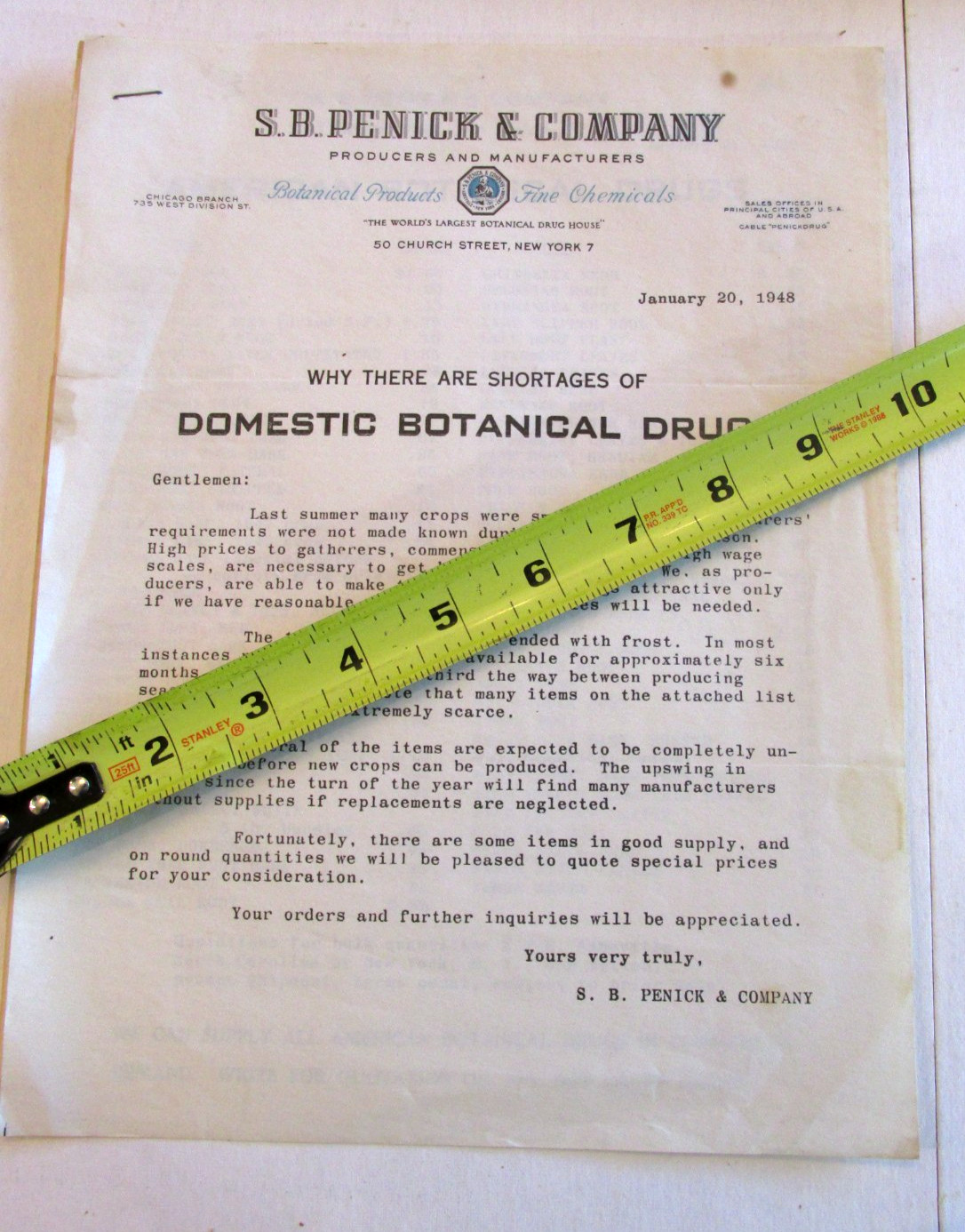 VTG S.B. Penick & Company Botanical Products Fine Chemicals Letter & Price List