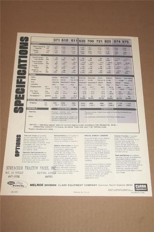 1975 MELROE BOBCAT LOADER in DAIRY FARMS CLARK EQUIPMENT SALES CATALOG BROCHURE