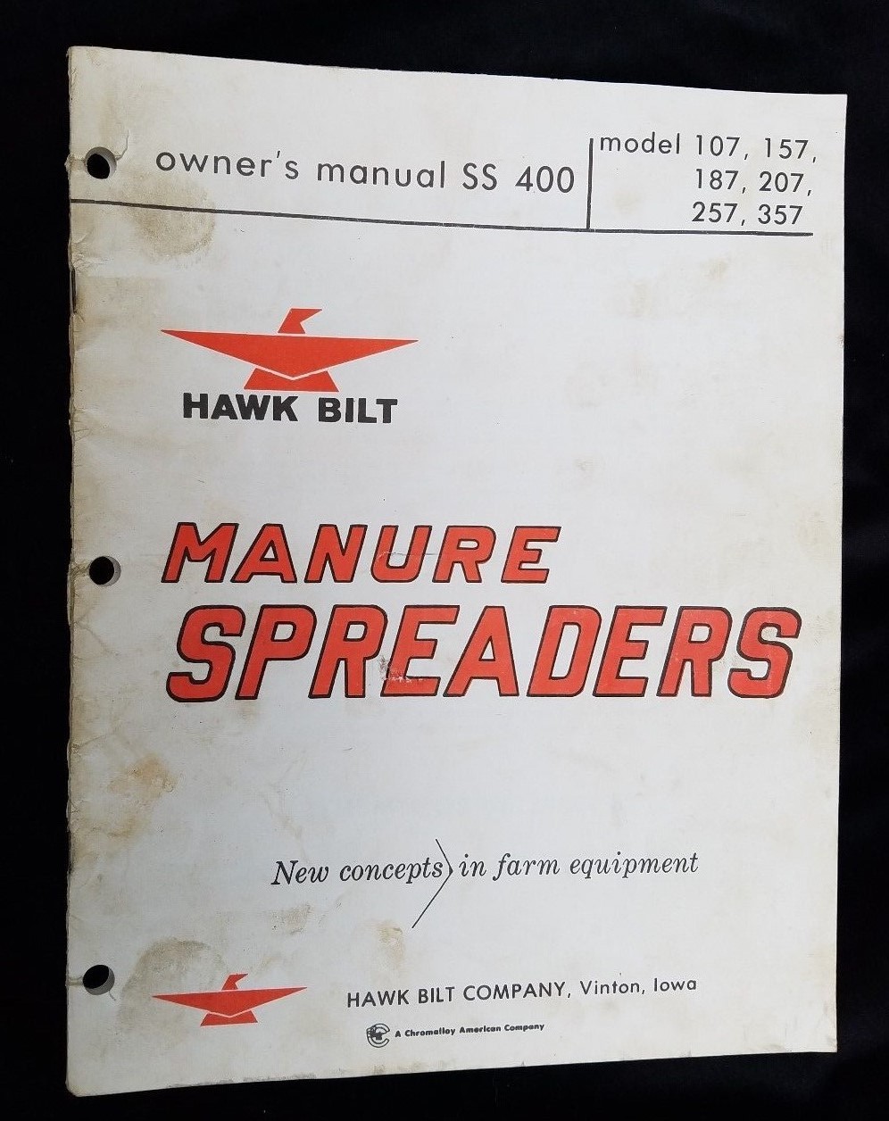 1975 Owner&rsquo;s Manual HAWK BILT Manure Spreaders SS 400 Hawk Bilt Co Vinton Iowa