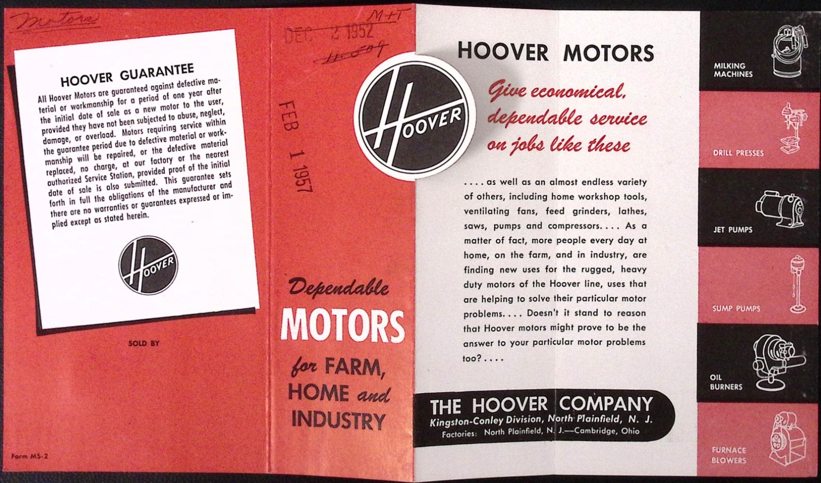 1957 Hoover Dependable Motors Farm Home Industry Brochure North Plainfield NJ