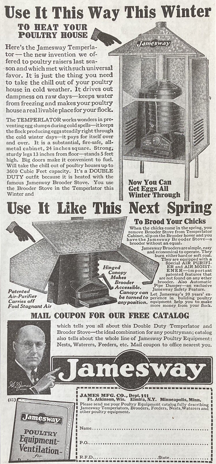 1929 AD(XH2)~JAMES MFG. CO. FT. ATKINSON, WIS. JAMESWAY TEMPERLATOR BROODER