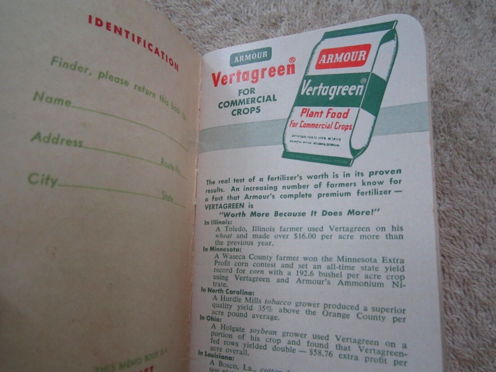 1963 ARMOUR FERTILIZERS, POCKET NOTEBOOK