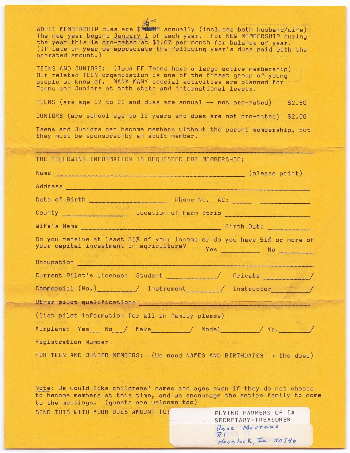 FLYING FARMERS OF IOWA Membership Application Vintage Paper Document Yellow