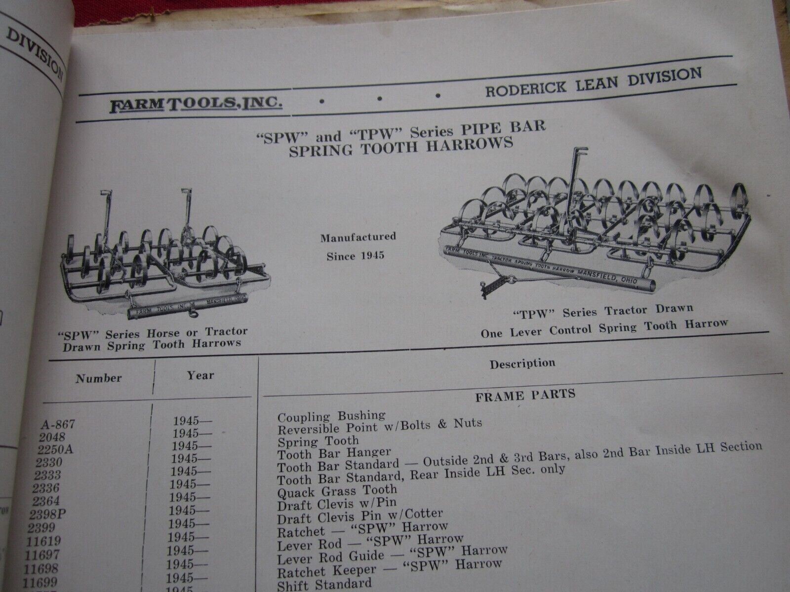 1952 FARM TOOLS, INC HORSE DRAWN FARM IMPLEMENTS 70+ PAGE PARTS CATALOG MANUAL