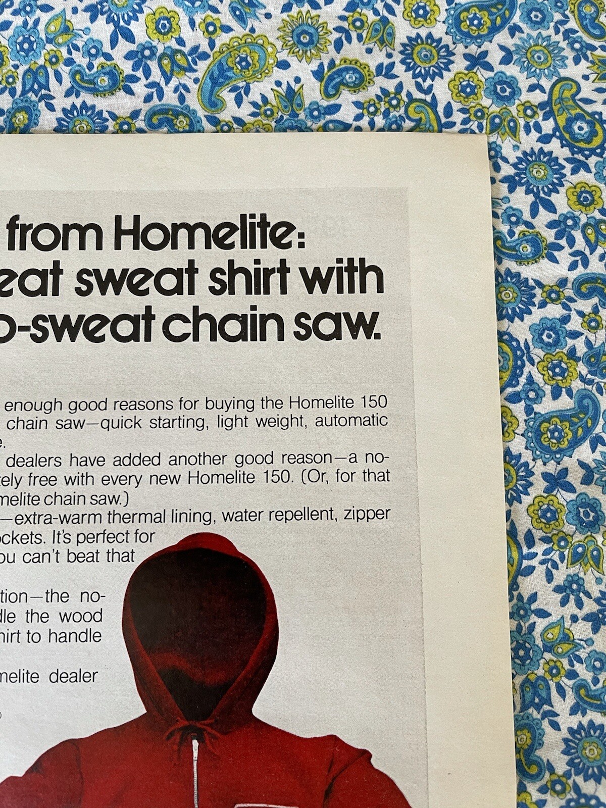 Vintage 1972 Homelite 150 Chainsaw Print Ad Sweatshirt Giveaway Hoodie