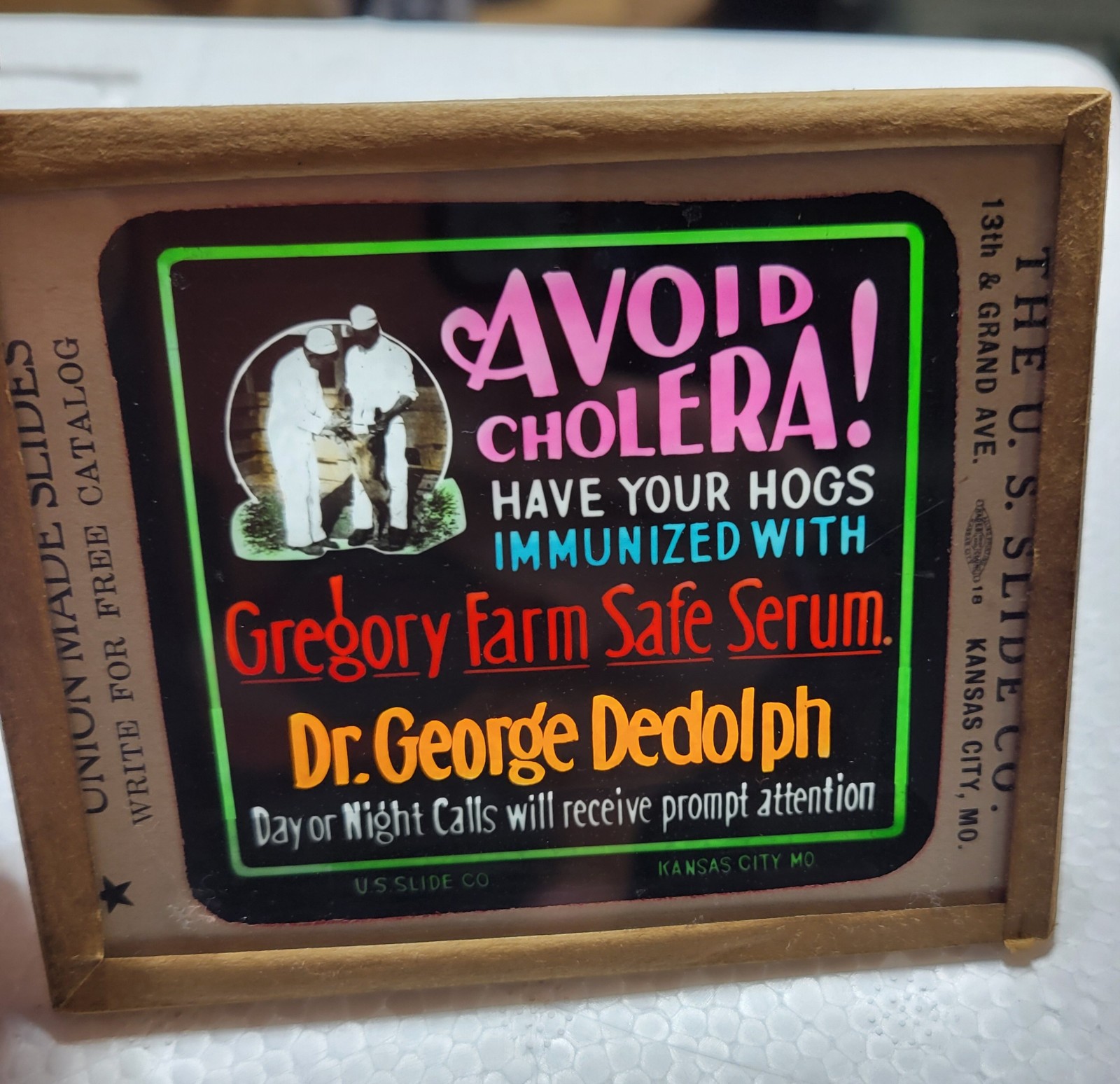 Advertising Glass Slide Cholera Hogs Gregory Farm Magic Lantern US Slide Co 1920
