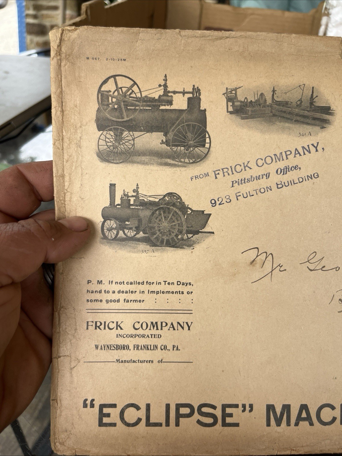 Antique Frick Eclipse Steam Tractor Engine Large Envelope, Bela Pa. Clarion Co.