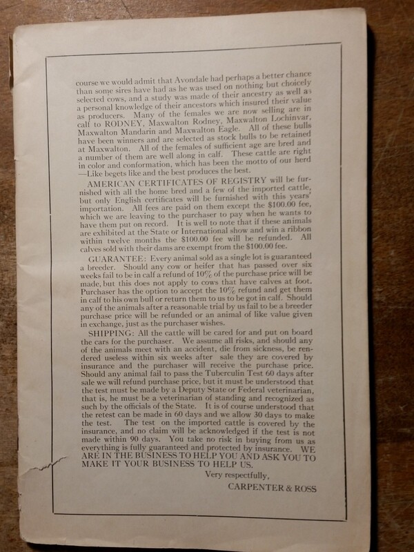 1921 Shorthorn Cattle Auction Catalog Stock Yards Chicago Carpenter & Ross OH